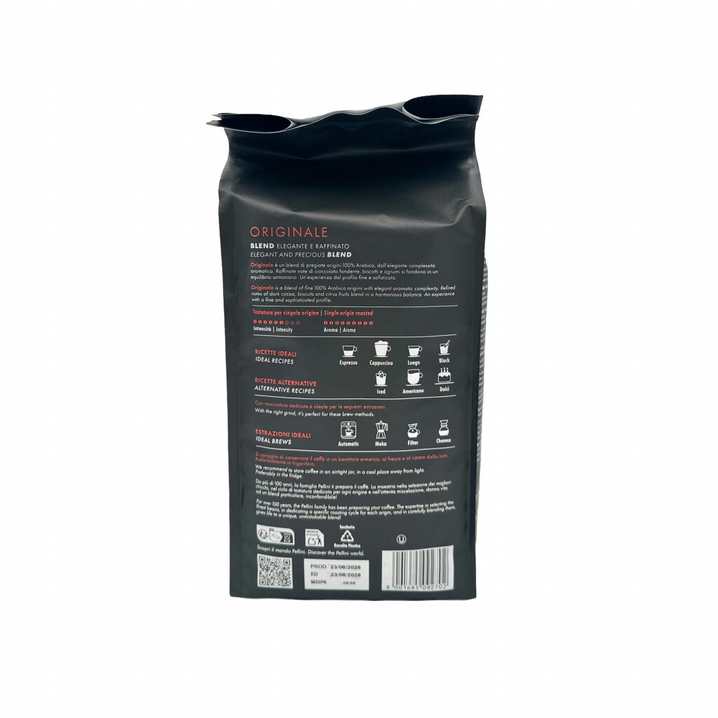 Achterkant van een kilo koffiezak van het merk Top Pellini Originale 