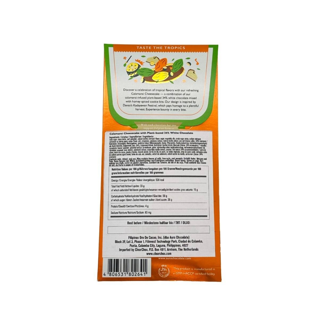 L’arrière de l’emballage d’une tablette de chocolat saveur cheesecake au calamansi de la marque Auro