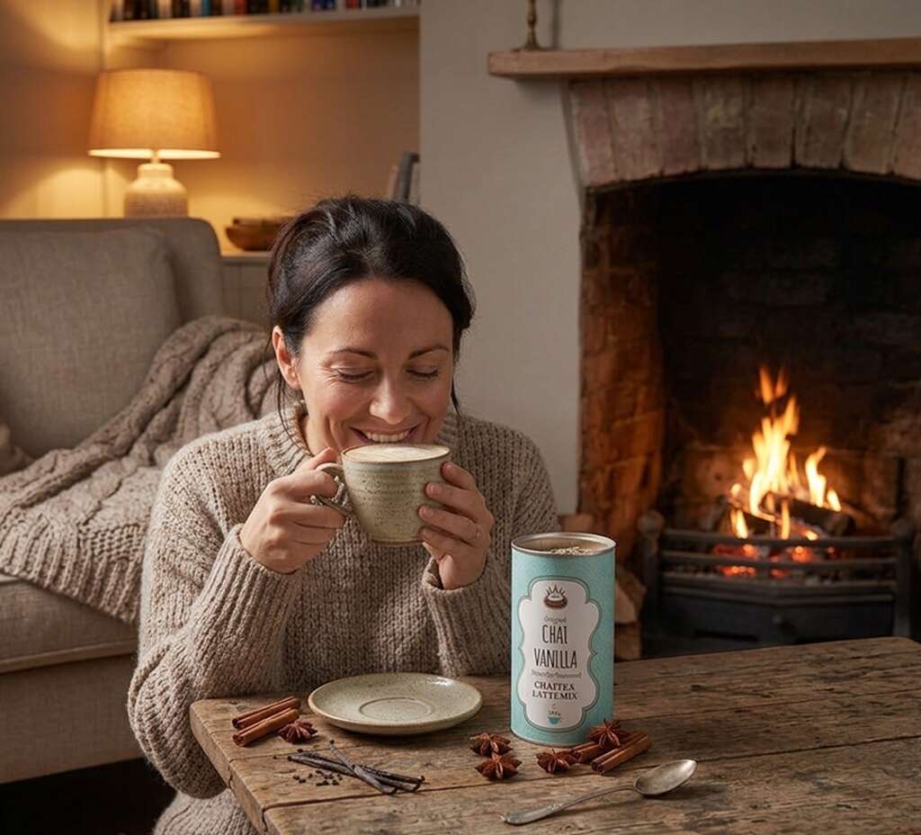 iemand die blij is met een potje van 340 gram met chai tea latte mix in de smaak vanilla